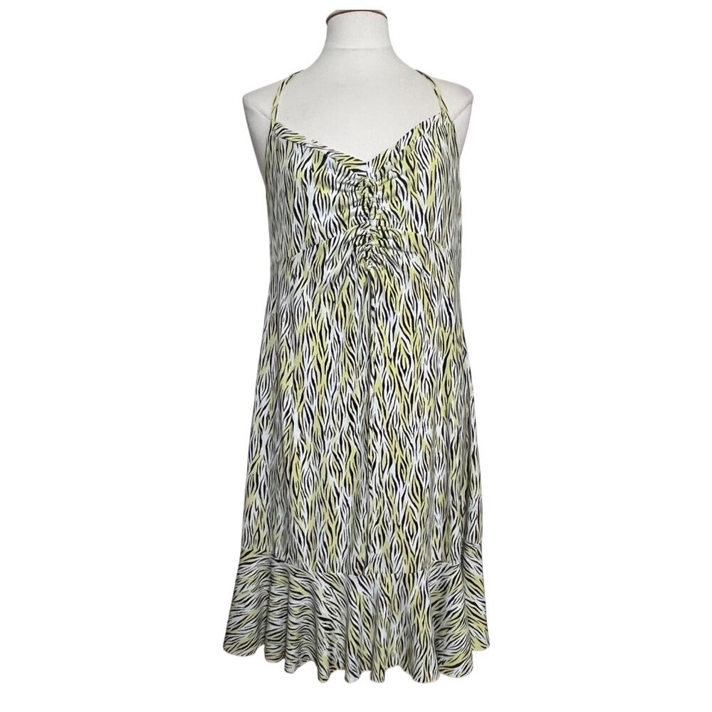 I.E. Petite Sundress Halter Dress L Yellow Zebra Babydoll Ruched Ruffled‎ Hem